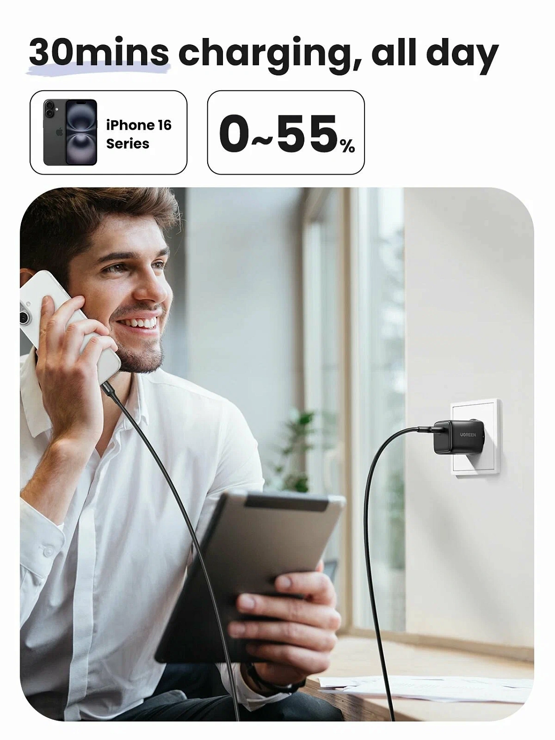65012 Сетевое зарядное устройство UGREEN X513 30W USB-C GaN Fast Charger с кабелем USB-C-USB-C. Дл
